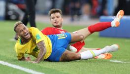 Neymar of Brazil football team gets fouled at FIFA World Cup.