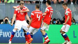 Russian players celebrate during FIFA World Cup match against Saudi Arabia.