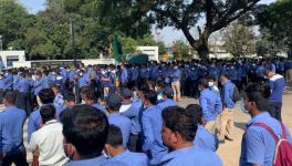 Auto workers led by TKMEU sloganeering against the Toyota Kirloskar management in front of the company gate. Courtesy - Special Arrangement