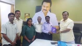 NDMJ activists submitting the manifesto to T R Baalu of DMK