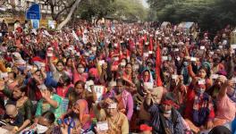 Striking anganwadi workers and helpers showcase their ID cards on Tuesday. Image clicked by Ronak Chhabra