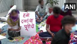 HIV patients protest outside the National AIDS Control Organization's office in Delhi claiming a shortage of antiretroviral drugs