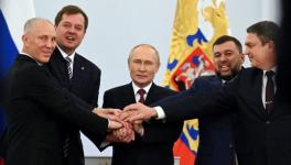 Russian President Vladimir Putin (Centre) with leaders of Donetsk, Luhansk, Kherson and Zaporizhya at the ceremony annexing the four regions as part of Russian Federation, Moscow, Sept. 30, 2022