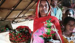 A Bawari woman with artificial flower pots that she sells for a living.