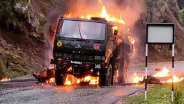 An Army vehicle is in flames after a terror attack at Mendhar in J&K’s Poonch district on April 20, 2023.