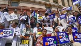  Leaders of the INDIA alliance parties stage a protest over ethnic violence in Manipur during Monsoon session of Parliament, in New Delhi, Monday, July 24, 2023. (PTI Photo/Shahbaz Khan