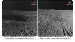 The latest image released by ISRO of the 4-meter crater encountered by Pragyan. Source: ISRO