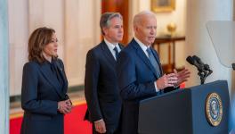 President Biden stands in front of Vice President Harris and Secretary of State Antony Blinken (Photo via @POTUS/X)