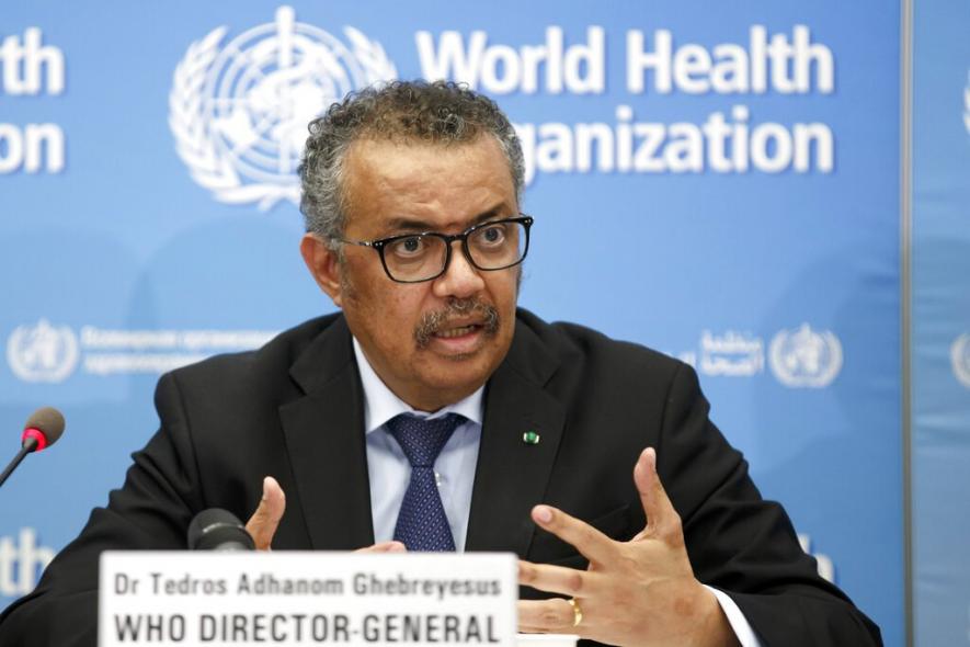 WHO Director-General Tedros Adhanom Ghebreyesus addresses a press conference about Covid-19 updates.