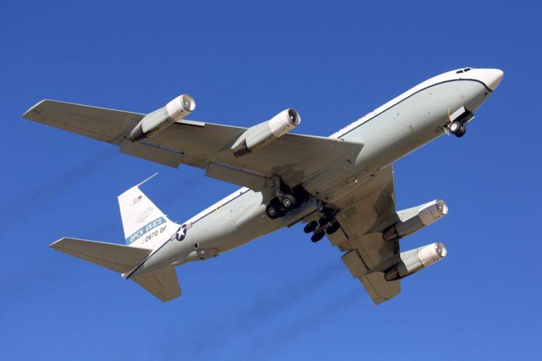 An American OC-135B takes off at Kubinka air base in Russia to conduct aerial surveillance of Russian military assets under the Open Skies Treaty.