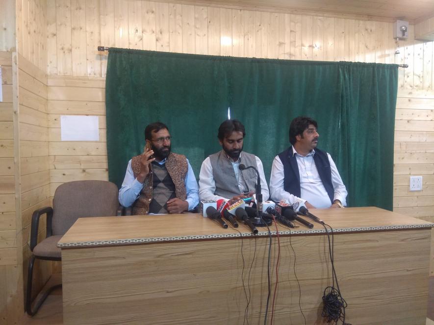 Talib Hussain during a press conference in Srinagar on Monday. 