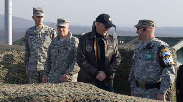 Then-Vice President Joe Biden visits U.S. troops occupying Korea in 2013. Credit — U.S. Army/Sgt. Brian Gibbon