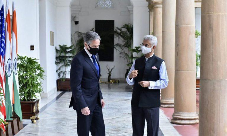 Indian Foreign Minister Subrahmanyam Jaishankar (R) welcomes the US Secretary of State Antony Blinken, New Delhi, July 28, 2021.