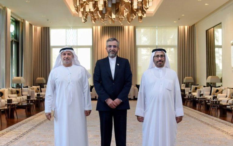 Iran’s Dy Foreign Minister Ali Bagheri Kani (C) with diplomatic adviser to UAE President Anwar Gargash (L) and Minister of State for Foreign Affairs Khalifa Almara, Abu Dhabi, Nov. 16, 2021