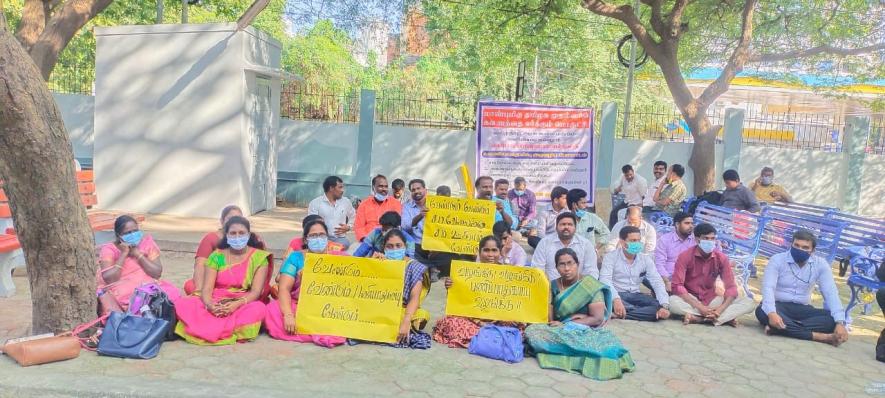 Guest lecturers protesting in the directorate of collegiate education campus in Chennai.