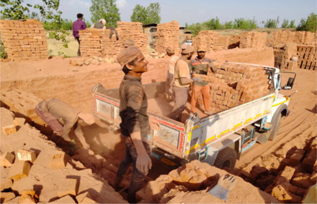 Migrant labourers load bricks on a truck at a brick kiln. 