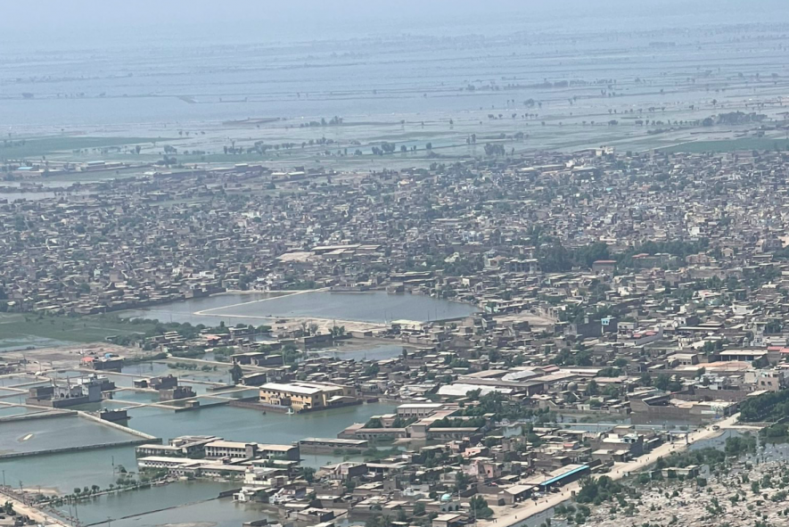 An arial view of Shahdadkot, Khairpur Nathan Shah, Mado, Faridabad, Mehar and other cities of Sindh covered with flood water in 2022. Flood in Sindh. Flood In Pakistan.