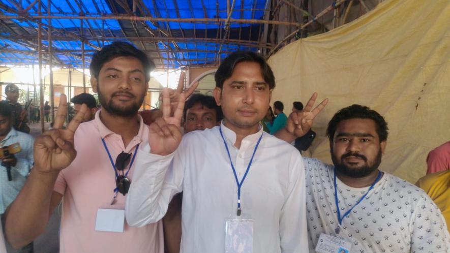 Elected congress candidate(in the middle) byron biswas after his win in Sagardighi bypolls. Photo by anirban dey . 