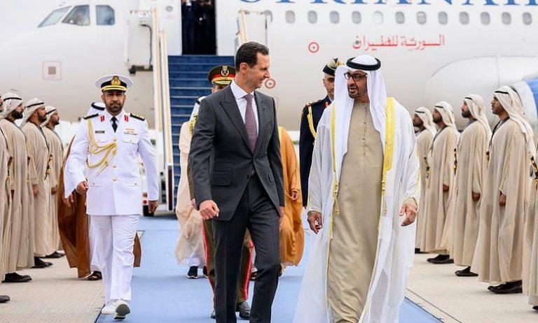 UAE President Sheikh Mohammed (R) received Syria’s President Assad on official visit at Abu Dhabi airport, March 19, 2023