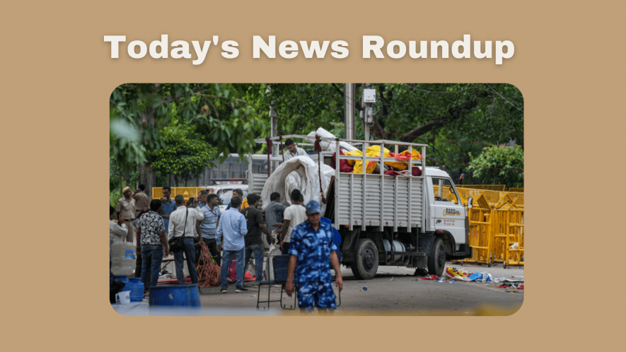 Authorities clear the site of the wrestlers protest at Jantar Mantar, in New Delhi, Sunday, May 28, 2023. The police officers began clearing the protest site by removing the cots, mattresses, coolers, fans and the tarpaulin ceiling along with other belongings of the wrestlers. 