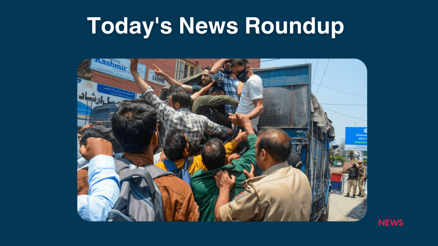 Police detain job aspirants, who had applied for various posts in the Fire and Emergency Services, during their protest march towards Raj Bhawan demanding that the Jammu and Kashmir administration make public the report of the inquiry committee formed to probe alleged irregularities in the recruitment process, in Srinagar, Saturday, June 10, 2023. 