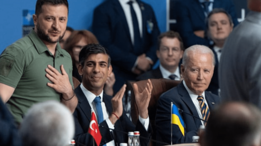 Volodymyr Zelenskiy, Rishi Sunak and Joe Biden at the Nato summit in Vilnius, Lithuania, on 12 July, 2023