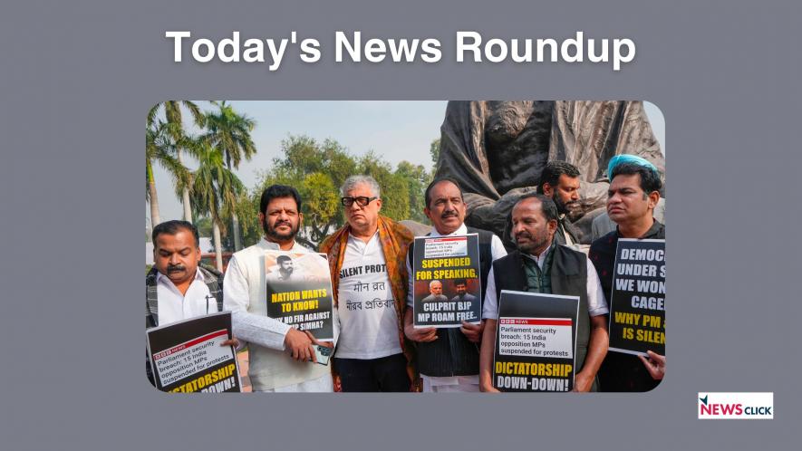 Suspended MPs Manickam Tagore, V.K. Sreekandan, Derek O'Brien, T.N. Prathapan, Hibi Eden and others stage a protest during the Winter session of Parliament, in New Delhi, Friday, Dec. 15, 2023.