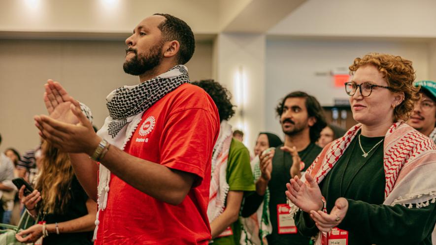 UAW 4811 members including Desmond Fonseca (leftmost) attend the People's Conference for Palestine (Photo: Sofia Perez)