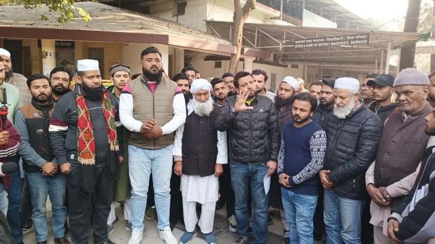  Muslims protesting in front of office of Dehradun District Magistrate against UCC on Monday.