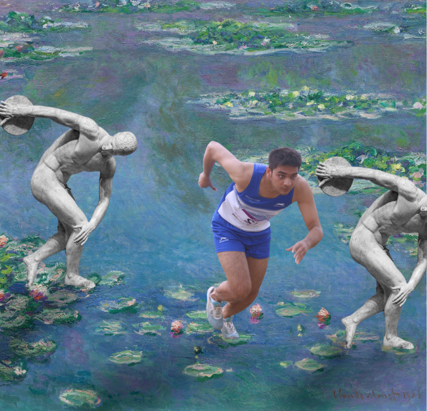 Discobolus by Myron with Monet's Water Lillies as backgroound