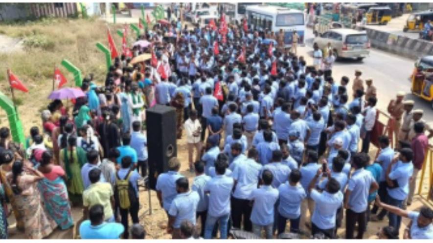 Workers of the Samsung India Electronics Limited, along with their family members held a protest in Kancheepuram on February 18, 2025, against the management’s ‘vindictive’ actions.