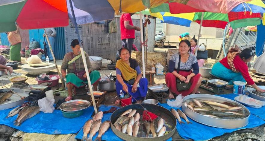 Debla Okram (middle) selling fish (Photo - Ngangom Suraj, 101Reporters).