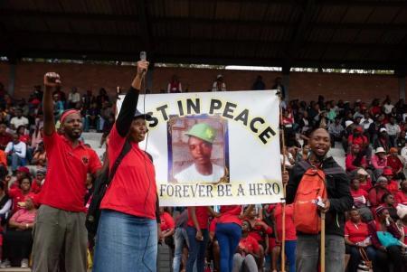 Betty Patosi protested in memory of her son Samuel Hlole who was killed by the anti-land invasion unit last year during an attempted eviction. Photo: Madelene Cronje / New Frame