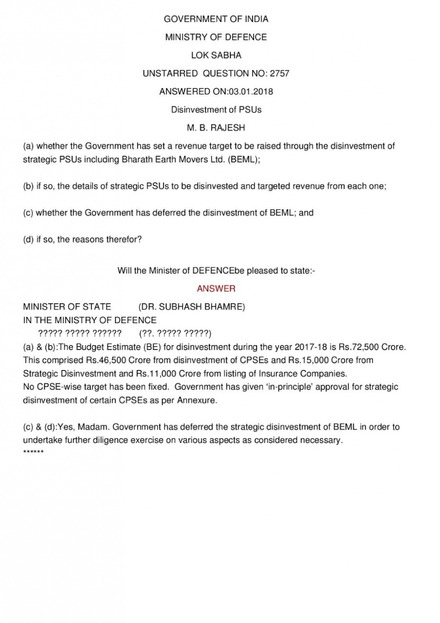 BEML Disinvestment Deferred - Lok Sabha question.png