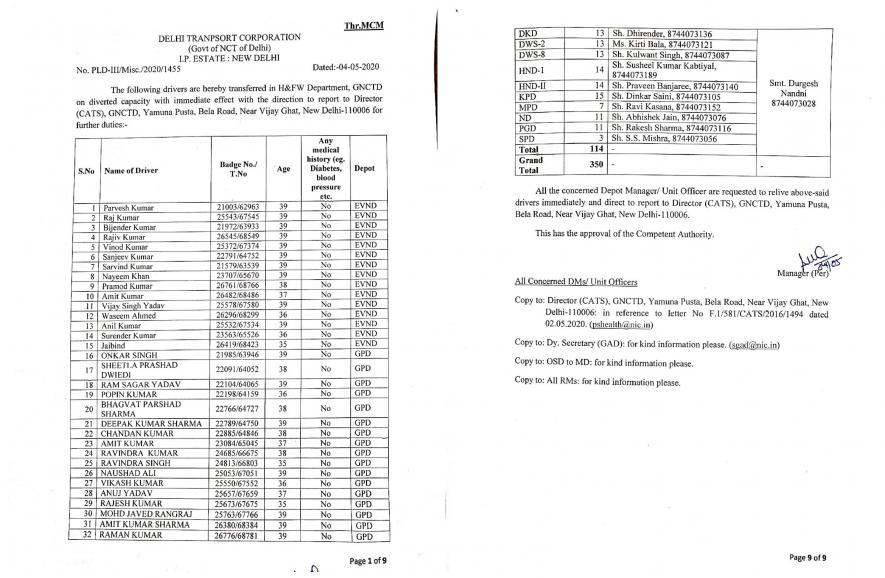 Copy of the order dated May 4 issued by DTC transferring public transport drivers to CATS.